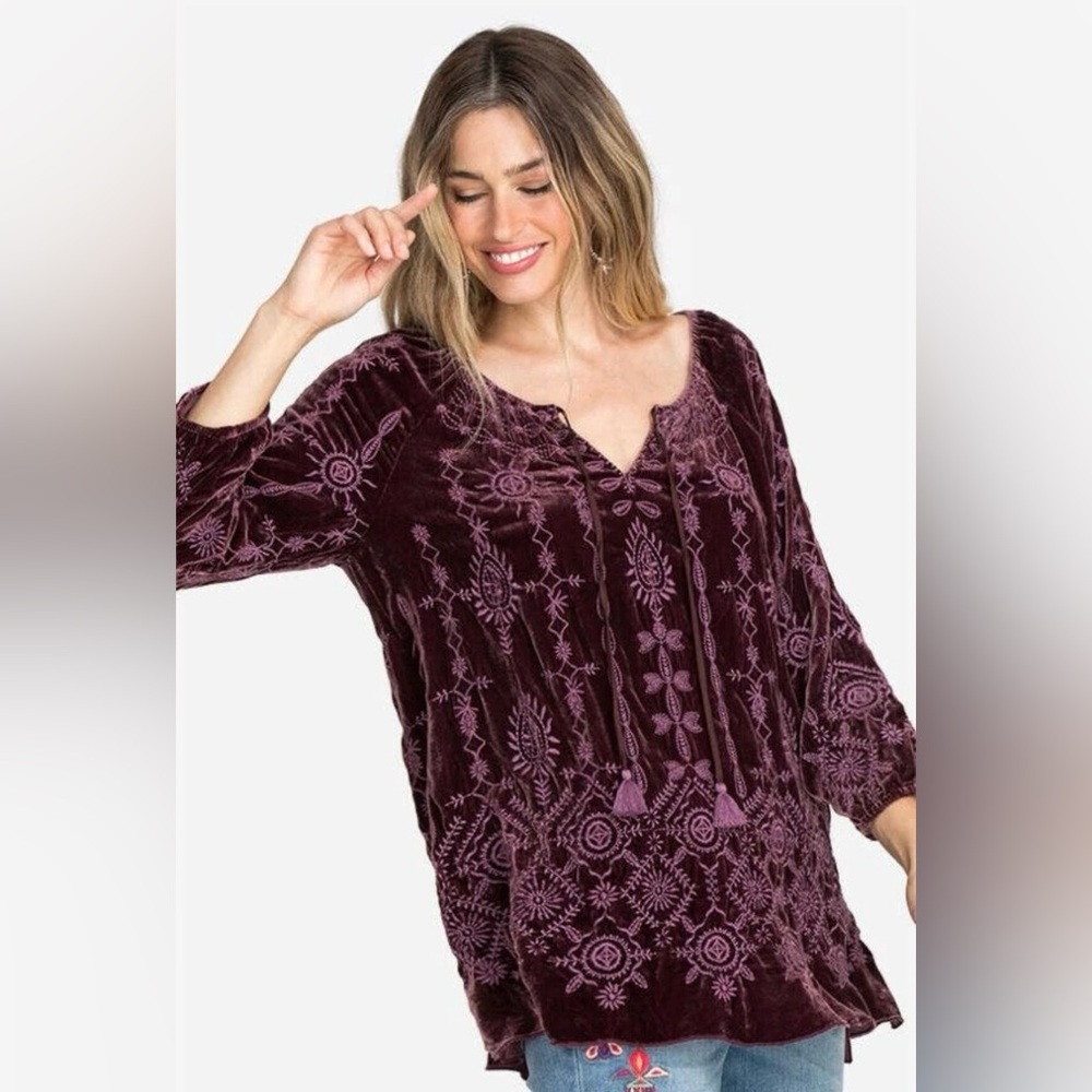 JOHNNY WAS Althea Velvet Embroidered Peasant Blouse